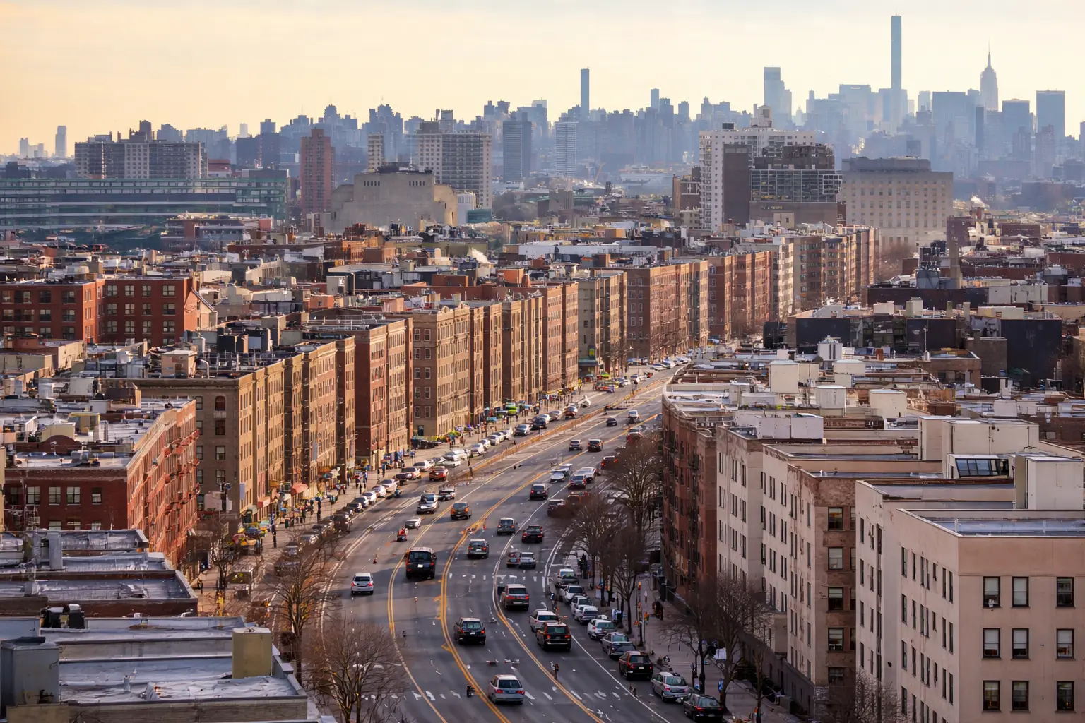 Bronx neighborhood view with apartment buildings and a main avenue in the Bronx, New York City