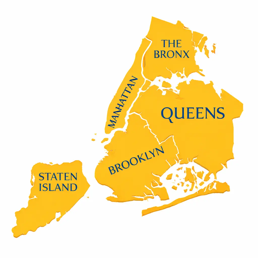 Map of New York City boroughs: Manhattan, Queens, Brooklyn, Bronx, and Staten Island