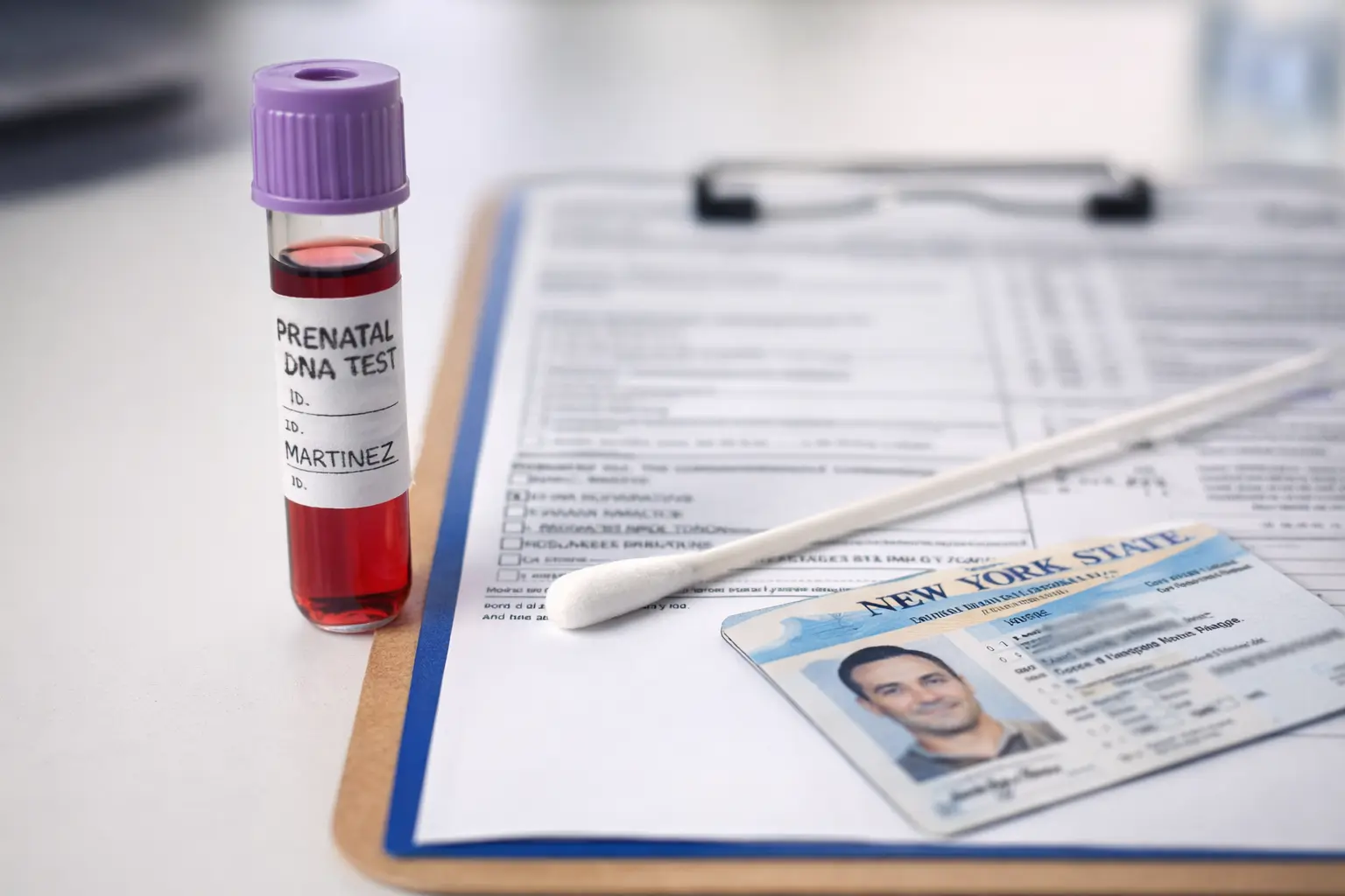 Blood sample, cheek swab, paperwork, and ID for prenatal DNA testing